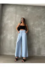 Nakışlı Keten Boru Paça Toptan Pantolon - Mavi | TOPSHOW | F1675