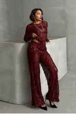 Pullu Tül Toptan Abiye Pantolon - Bordo | TOPSHOW | F1611