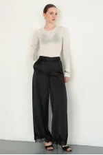 Pantalon en satin noir à ourlet en dentelle (vente en gros) | D2969 - Topshow