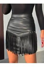 Topshow Western Style Tassel Mini Leather Wholesale Skirt - Black | F2041