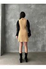 Leather Sleeve Turtleneck Knee-Length Wholesale Dress - Camel | TOPSHOW | F1143