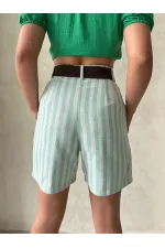 Topshow Çağla Çizgili Kemerli Keten Toptan Şort