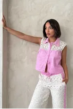 Lace Detailed Sequin Denim Jacket - Pink Topshow
