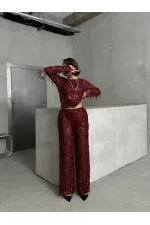 Pullu Tül Toptan Abiye Pantolon - Bordo | TOPSHOW | F1611