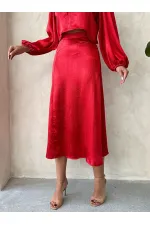 Kraşlı Saten Toptan Etek - Kırmızı | Topshow | F1915