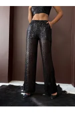 Topshow - Wholesale Sequined Wide Leg Women's Trousers - Stylish Night Outfit - Black