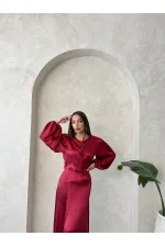 Kraşlı Saten Önden Bağlamalı Toptan Bluz - Bordo | Topshow | F1916