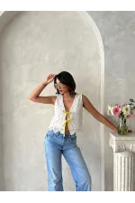 Kot Detaylı Önden Baglamalı Dantel Yelek - Ham Sarı | Topshow