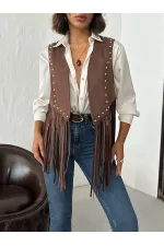 Topshow Püsküllü Süet Yelek – İnci Detaylı - KAHVE | F1806