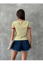 Topshow Fıstık Kırmızı Nakışlı Çizgili Toptan Tişört