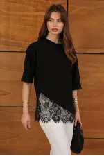 D 2953 DANTEL DETAYLI ASİMETRİK TİŞÖRT - SİYAH