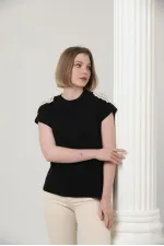 Topshow Siyah Omuzu Dantelli Toptan T-Shirt