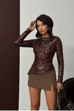 Shiny Sequin Long-Sleeved Wholesale Blouse - Dark Brown | F2060
