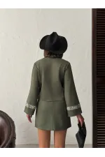 Topshow Şerit Detaylı Scuba Süet Etek - Haki | F1974