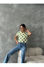Topshow Raw Emerald Short Sleeve Checkerboard Pattern Crochet Wholesale Blouse