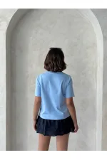 Çiçek Detaylı Tişört - Mavi | Topshow