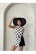 Dantel Detaylı Kare Desen Şort Toptan Etek - Siyah Siyah | Topshow