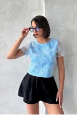 Boncuk İşlemeli Toptan Bluz - Mavi | Topshow