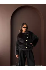 Topshow - Manteau boutonné en fourrure de lapin en gros - Noir