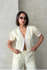 Striped Blouse with Guipure Detail - Yellow | Topshow