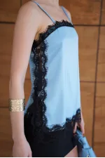 Lace Detail Strappy Satin Tunic - Blue | D2931 - Topshow