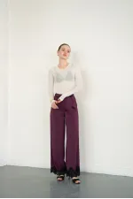 Wholesale Satin Trousers with Lace Hem - Plum | D2969 - Topshow
