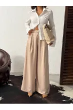 Yüksek Bel Bol Paça Saten Pantolon – Şık Ve Rahat Tasarım - Taş | F2052