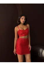Topshow - Mini-jupe à sequins en gros - Mode chic pour les soirées et les fêtes - Rouge
