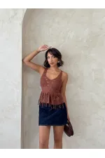 Dantel Detaylı Askılı Toptan Bluz- Kahve | Topshow