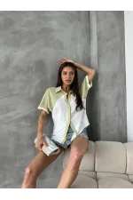 Topshow Pistachio Green Striped Detailed Low Sleeve Wholesale Shirt