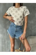Topshow Raw Stone Short Sleeve Checkerboard Pattern Crochet Wholesale Blouse