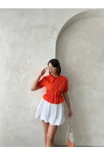 Yaka Detaylı Büzgülü Gömlek - Oranj Topshow
