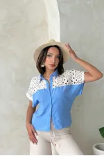 Blouse à lacets en gros - Bleue | Topshow