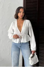 Topshow Nakış Detaylı Bağlamalı Toptan Bluz - Krem | F1992