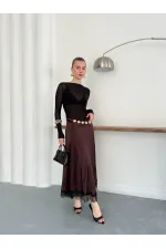 Topshow | Jupe en satin marron avec détails en dentelle | D2930