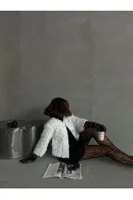 Veste en tulle à motif rose en gros - Crème | TOPSHOW | F1754