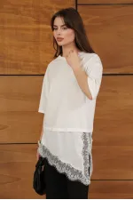 D 2942 ASYMMETRICAL T-SHIRT WITH LACE AND SATIN DETAILS - CREAM