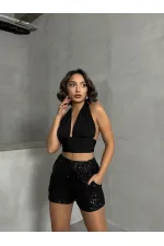 Topshow Siyah  Pullu Toptan Abiye Şort