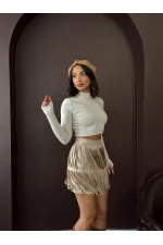 Topshow Tasseled Scuba Suede Wholesale Skirt - Stone | F2030