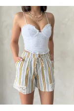 Paça Dantelli Çizgili Şort - Hardal | Topshow