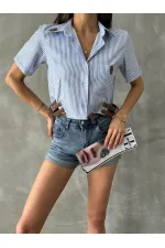 Topshow Blue Striped Belt Detailed Striped Wholesale Shirt