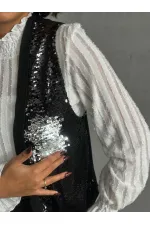 Pullu Toptan Yelek - Siyah Gümüş | TOPSHOW | F1750