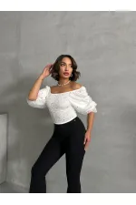 Gipeli Papatya Desenli Toptan Bluz - Krem | TOPSHOW | F0988