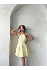Şeritli Kolsuz Elbise - Sarı Topshow