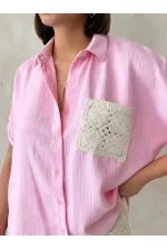Aplik Cepli Keten Toptan Gömlek - Pembe | Topshow