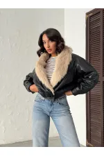 Topshow | Yakası Kürklü Kruvaze Deri Mont - Siyah Taş | F2050