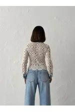 Dantel Detaylı İnci Düğmeli Uzun Kollu Kadın Toptan Gömlek-  Ham Mavi -Topshow | Topshow | F1945