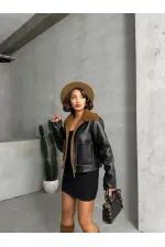 Manteau zippé en cuir Amine - Noir et marron | TOPSHOW | F1511