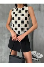 Topshow Black Checkerboard Pattern Crochet Wholesale Blouse