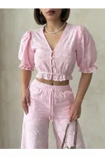 Embroidered Blouse with Scallop Detail - Pink | Topshow